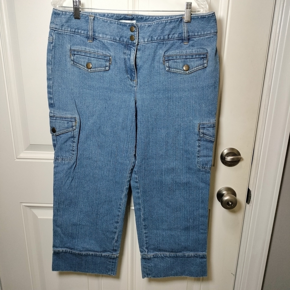 LOFT Cargo Capri Jeans Women's 12 Blue Stretch Denim Cropped Utility Pants
